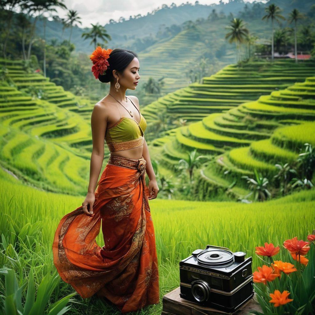 A vibrant and artistic representation of traditional Indonesian culture intertwined with modern cinematic elements. Include elements like a balinese dancer and a film reel, set against a backdrop of lush green rice terraces. Use warm, inviting colors to evoke a sense of sensuality and allure. Film strips can elegantly weave through tropical flowers, showcasing the blend of art and entertainment. vibrant colors. painting. 